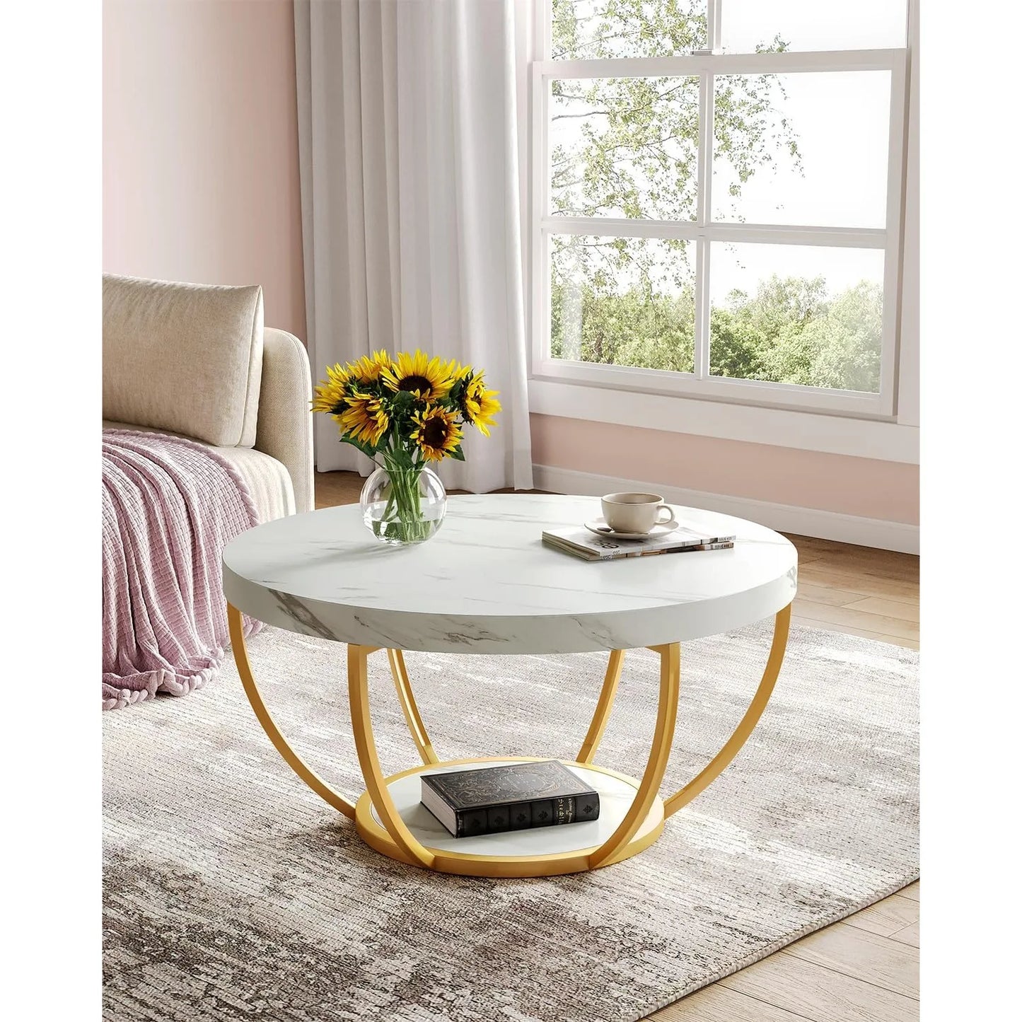 32 Inch Circle Marble Coffee Table With 2 Tier Gold Metal Legs Open Storage