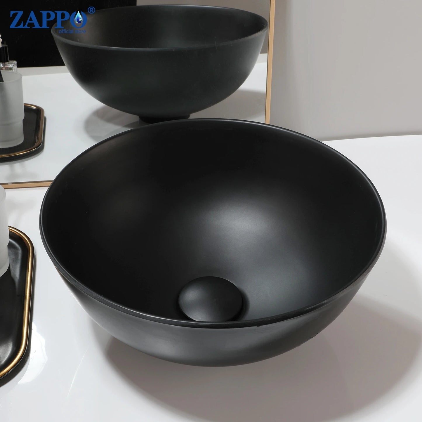 Zappo Black Stone Resin Oval Bathroom Vessel Sink Faucet