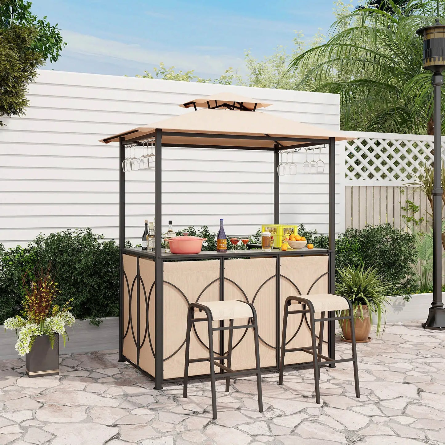 3 Piece Patio Bar Set Tempered Glass Bar Table And Metal Storage Shelves Brown