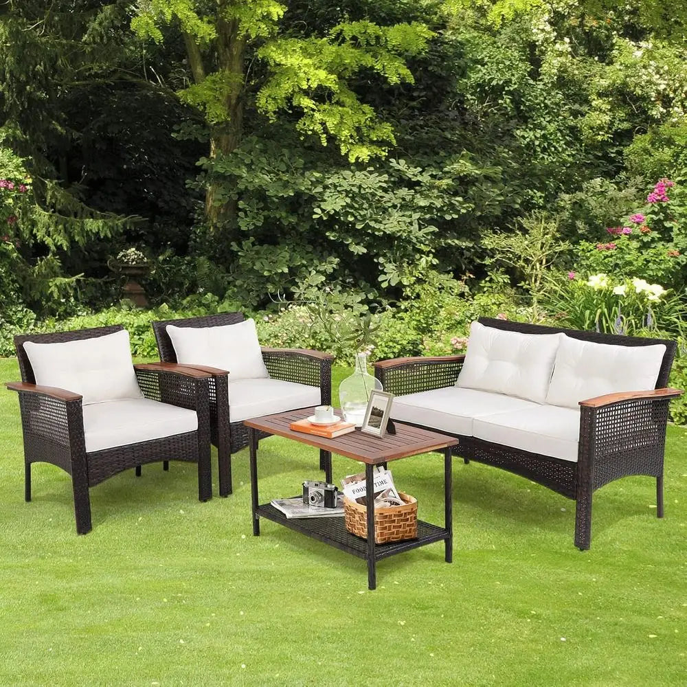 4 Piece Outdoor Patio Furniture Set With Cushions White For Lawn Porch Poolside