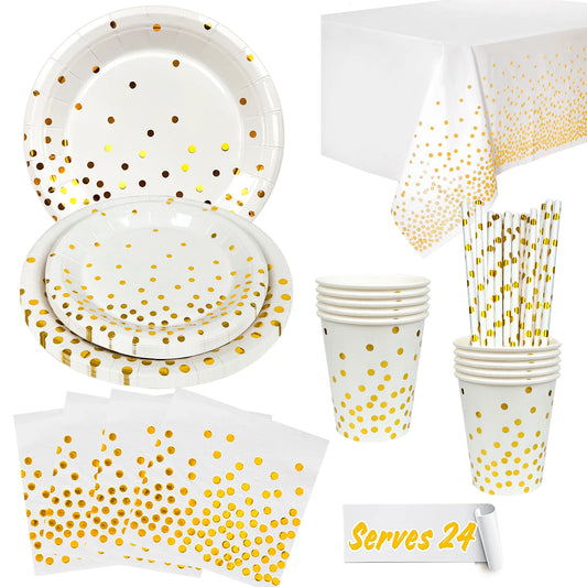 White And Gold Disposable Dishware Set 121pcs Cups Napkins