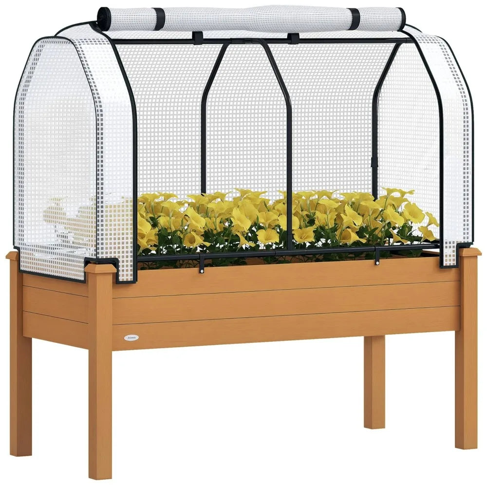 Raised Garden Bed With PE Greenhouse Cover Outdoor Elevated Planter Box