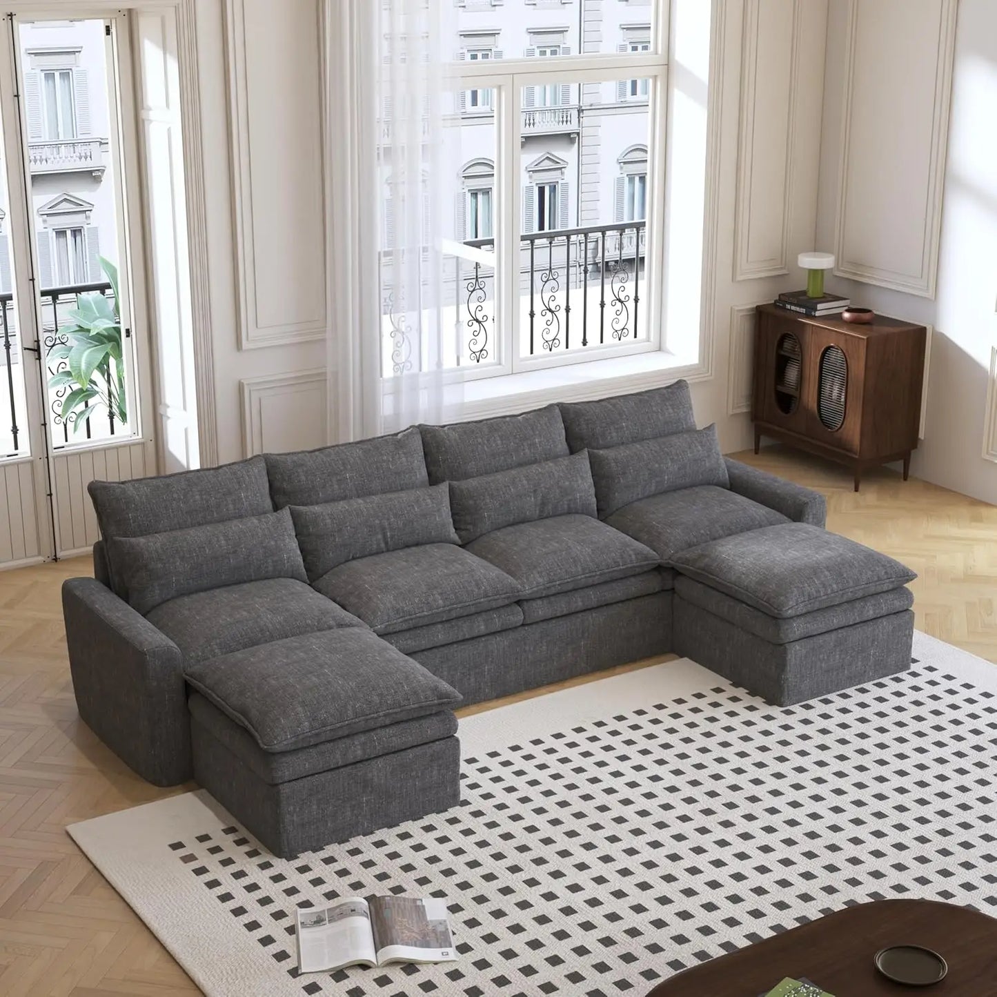122 Inch U Shaped Modular Sectional Sofa With Movable Ottoman And Covers