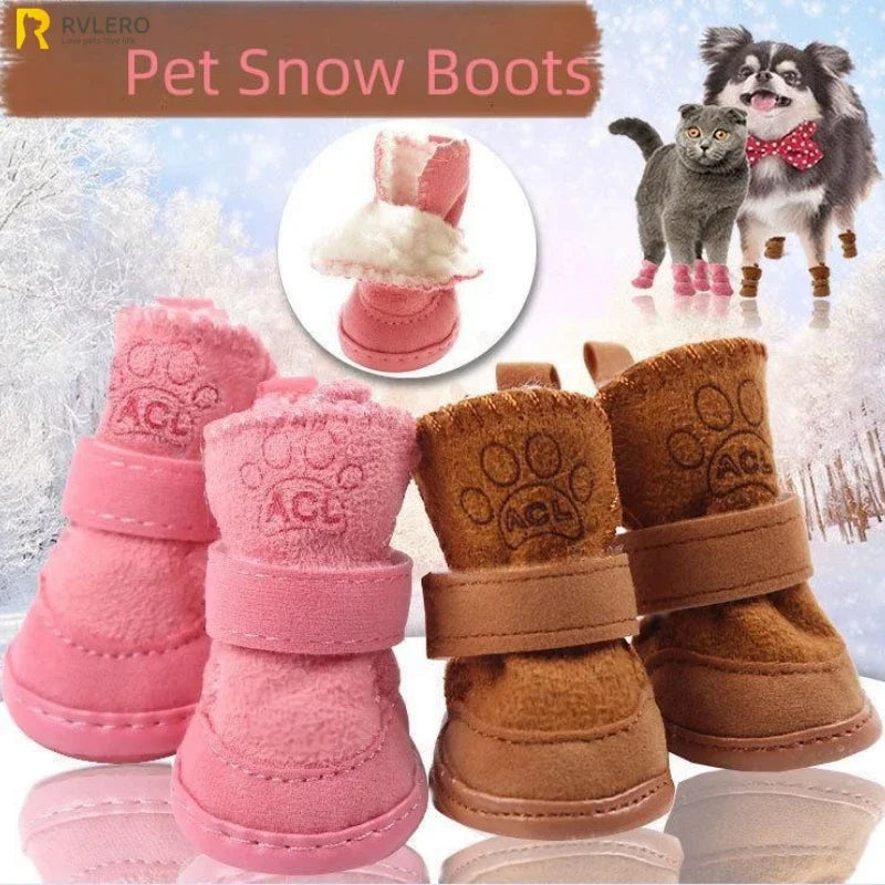 4 Pieces Pet Snow Boots Warm Plush Non Slip Dog Shoes Anti Fouling Wont Fall Off