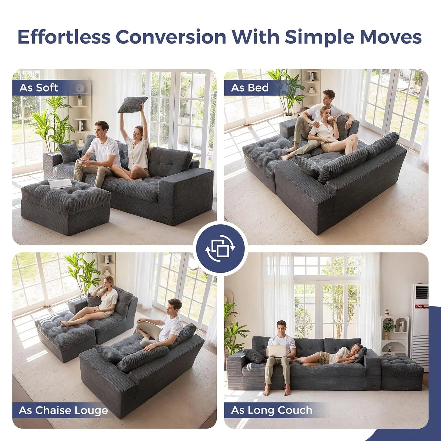 104 Inch L Shaped Modular Sectional Sofa With Ottoman Layered Cushions