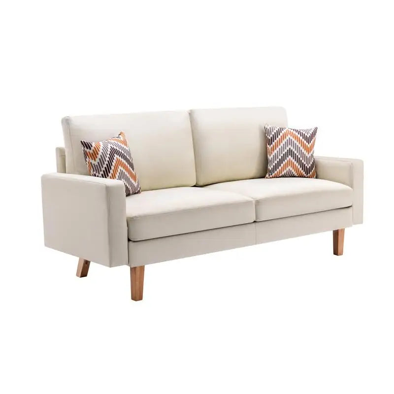 Beige Linen Sofa with 2 Throw Pillows 70 Inch Wide Comfortable Seating for Living Room Modern Design