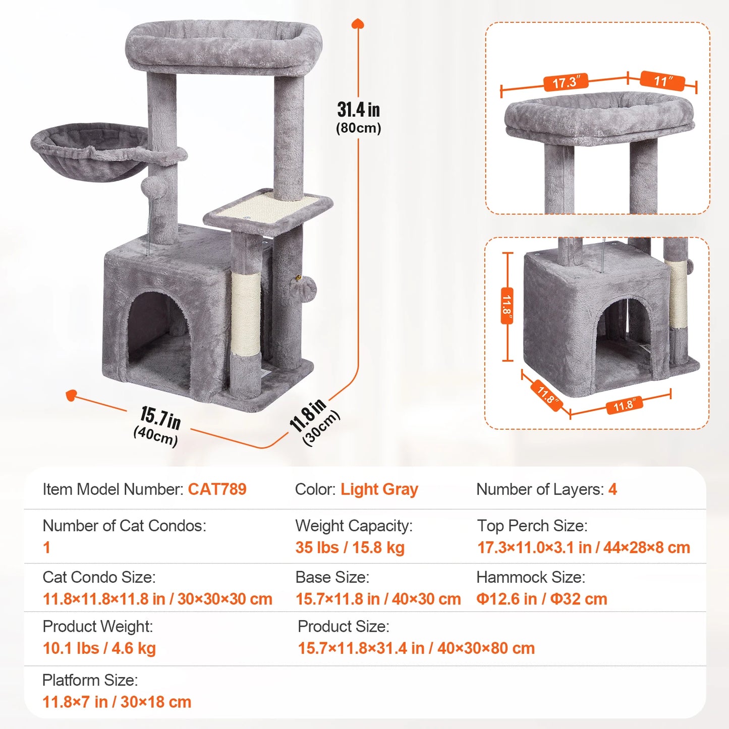 SucceBuy Dark Grey Cat Tree With Condo And Sisal Post