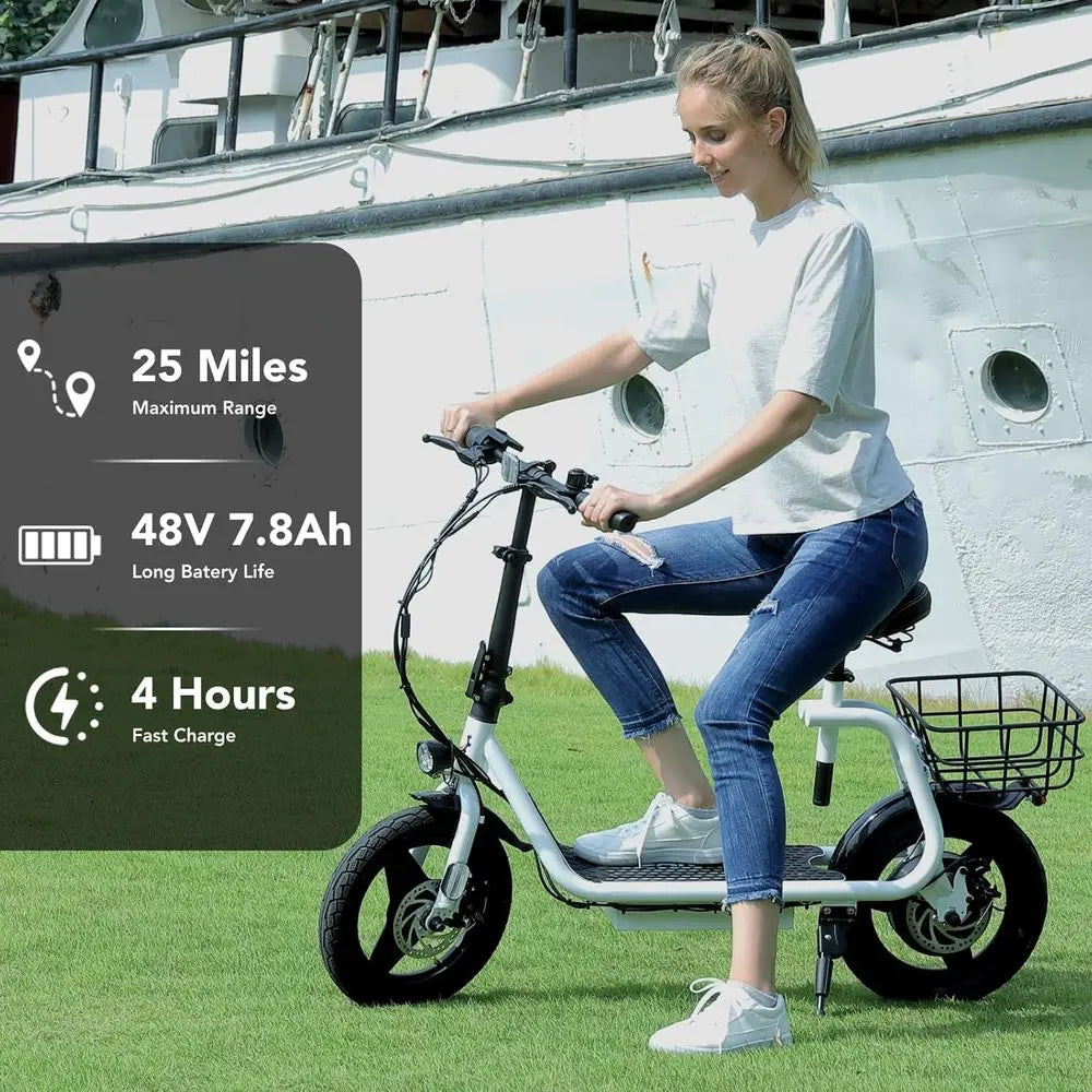 Foldable Electric Scooter With Seat 30 Mile Range 20 MPH 14 Fat Tires Pet Basket