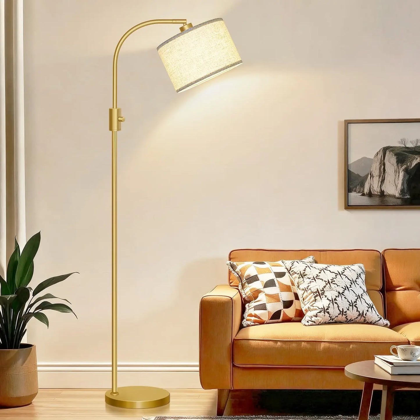 Modern Arc Dimmable Floor Lamp Linen Shade Gold Finish 1200 Lumens LED Bulb