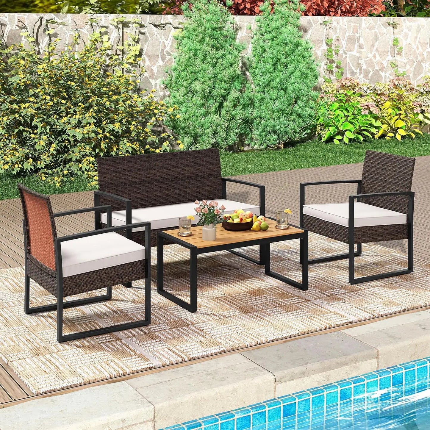 4 Piece Patio Furniture Set Rattan With Cushioned Chairs And Coffee Table