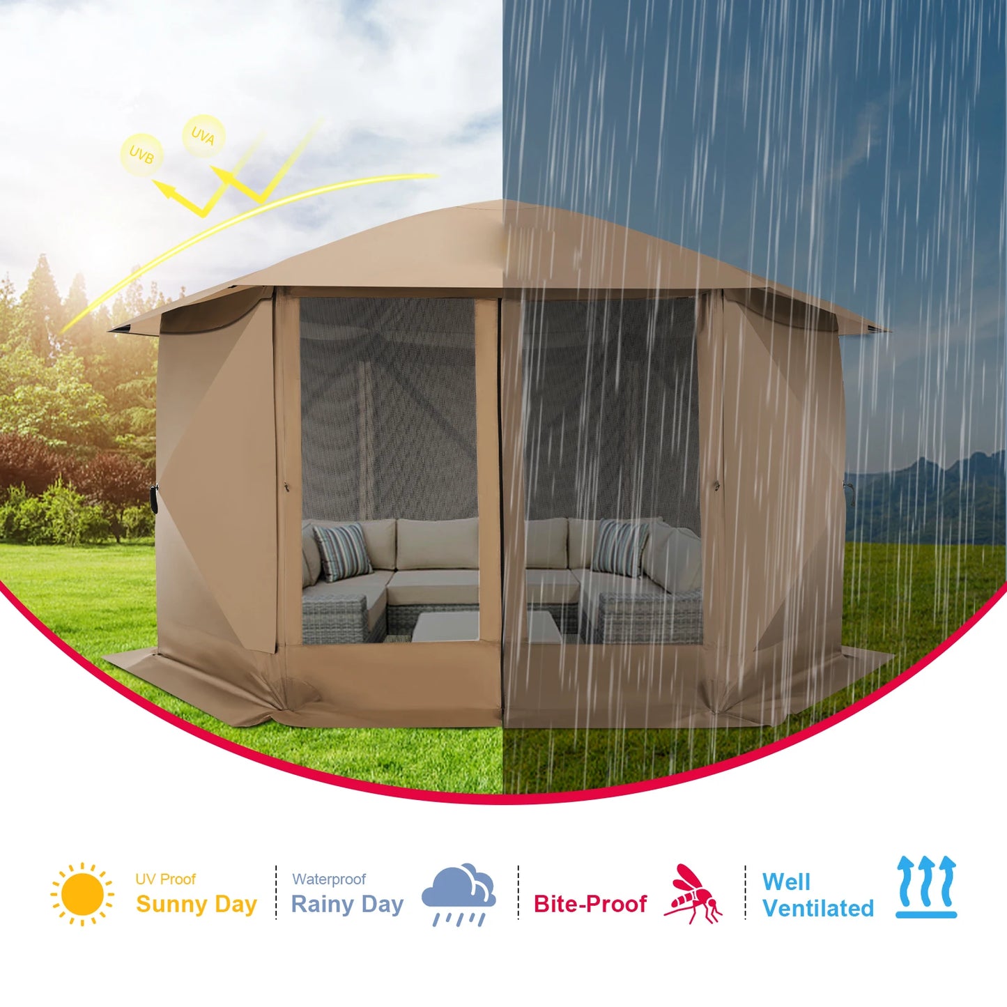 COBIZI Pop Up Gazebo Screen Tent 12x12 Camping Gazebo With Removable Roof Outdoor Screened Gazebo 5 Sidewalls 1800mm 300D Oxford