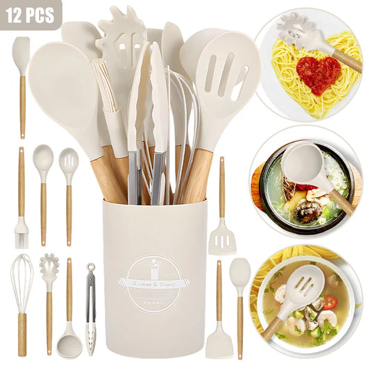 12 Piece Silicone Kitchenware Cooking Utensils Set Non Stick Cookware Spatula Shovel Egg Beaters Baking Set with Storage Bucket