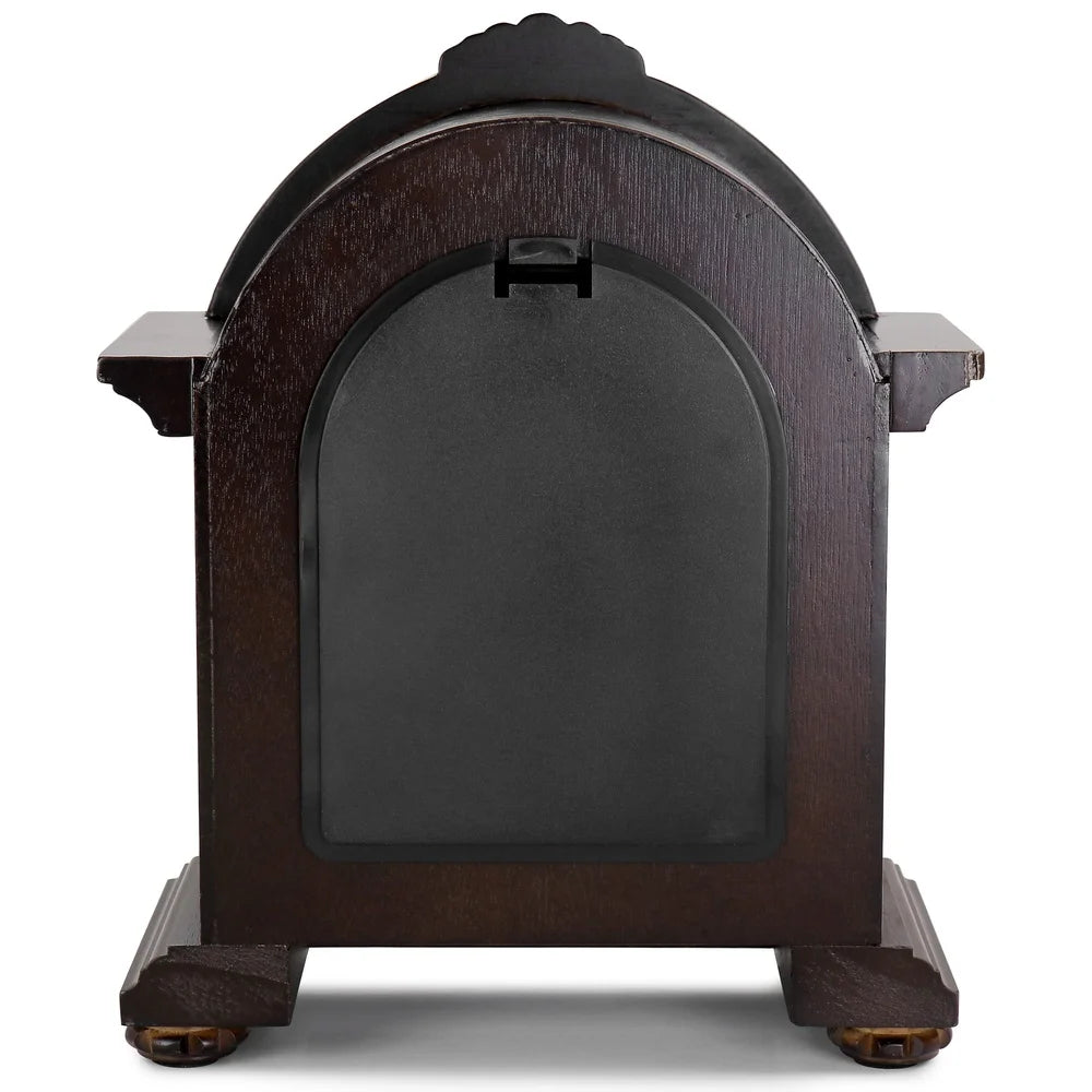 Chocolate Wood Mantel Clock with Chimes Four Chime Modes Volume Toggle Classic Roman Numerals Cozy Home Decor Battery Operated