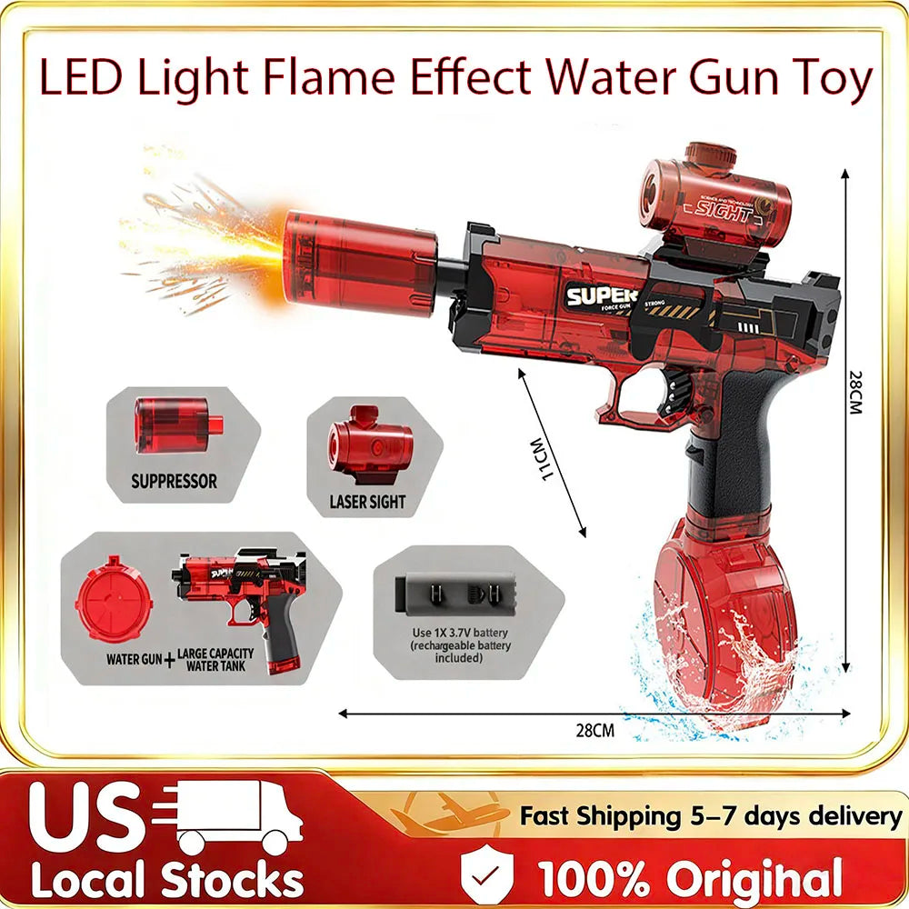 Rechargeable Electric Water Gun With LED Flame Burst High Capacity Long Range