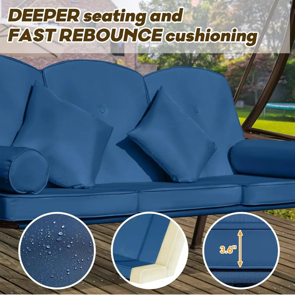 3 in 1 Outdoor Porch Swing With Adjustable Canopy 3-Seat Thick Cushions Pillows Cup Holders Heavy Duty Alloy Steel Frame 750 Lb Capacity