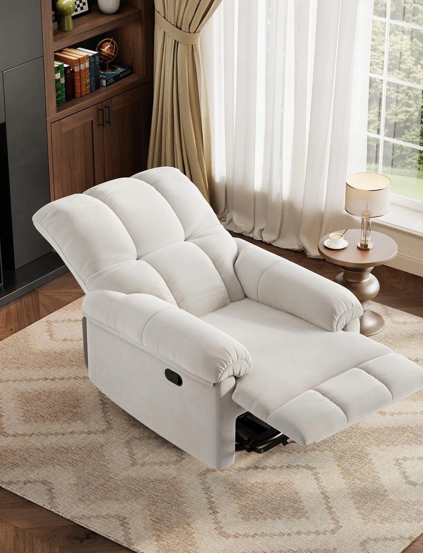 Oversized Overstuffed Chenille Recliner With Swivel Rocker And Padded Armrests