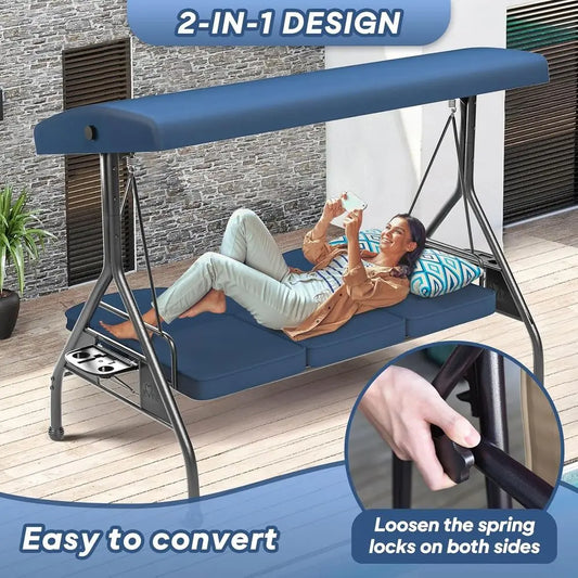 Three Seat Outdoor Swing With Stand 800lbs Capacity Two In One Swing Bed Blue