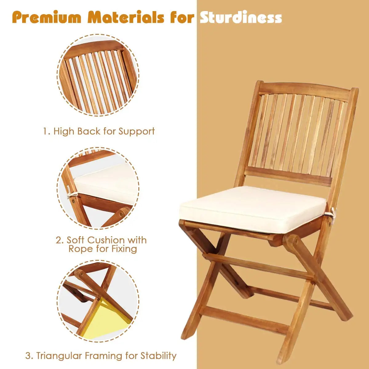 3 Piece Patio Bistro Set Acacia Wood With Folding Round Table Cushions Outdoor