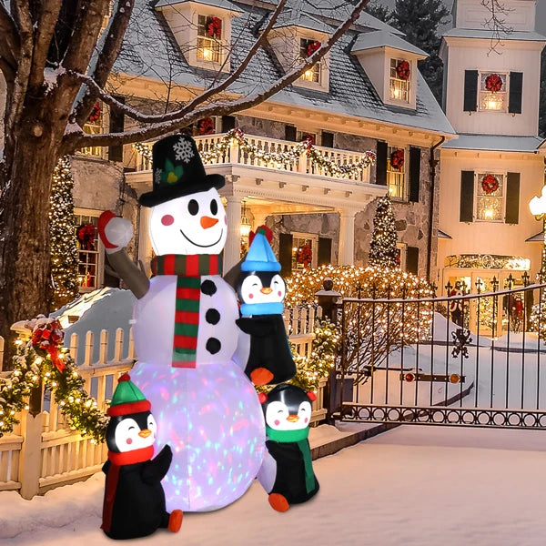 6ft Inflatable Snowman With 3 Penguins And 4 Light Strings