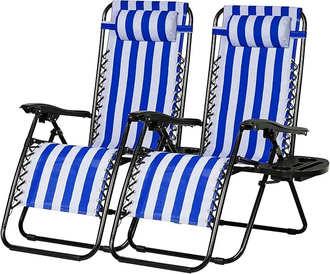 Set of 2 Adjustable Zero Gravity Lounge Chairs with Cup Holder and Pillow