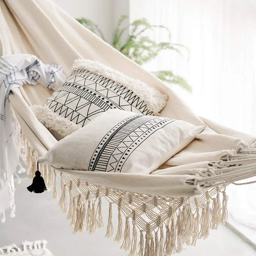 Cotton Woven Balcony Hammock Rope Chair With Crochet Fringe Outdoor Indoor