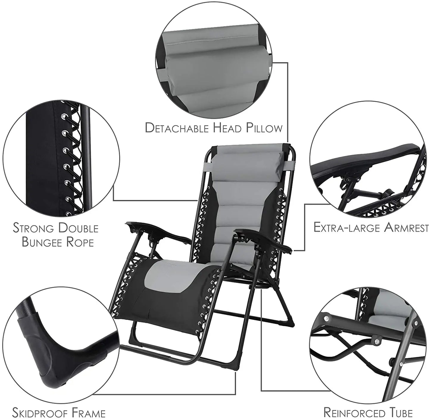 Padded Zero Gravity Lounge Chair Folding Patio Recliner with Adjustable Headrest and Cup Holder Support 160kg Sun Loungers