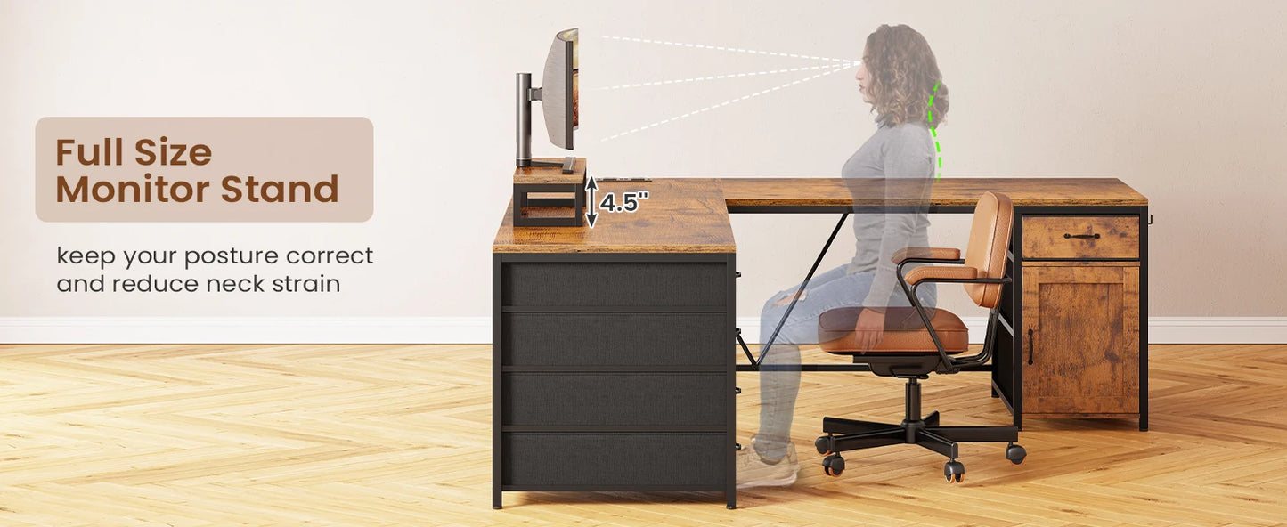 63 Inch L Shaped Corner Desk With 5 Drawers And Power Outlet For Home Office