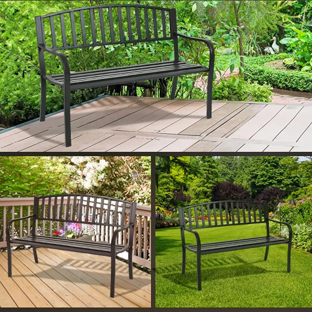 50 Inch Outdoor Steel Garden Bench With High Back And Rustproof Armrests Patio Park Bench For Lawn Yard Porch Deck Poolside