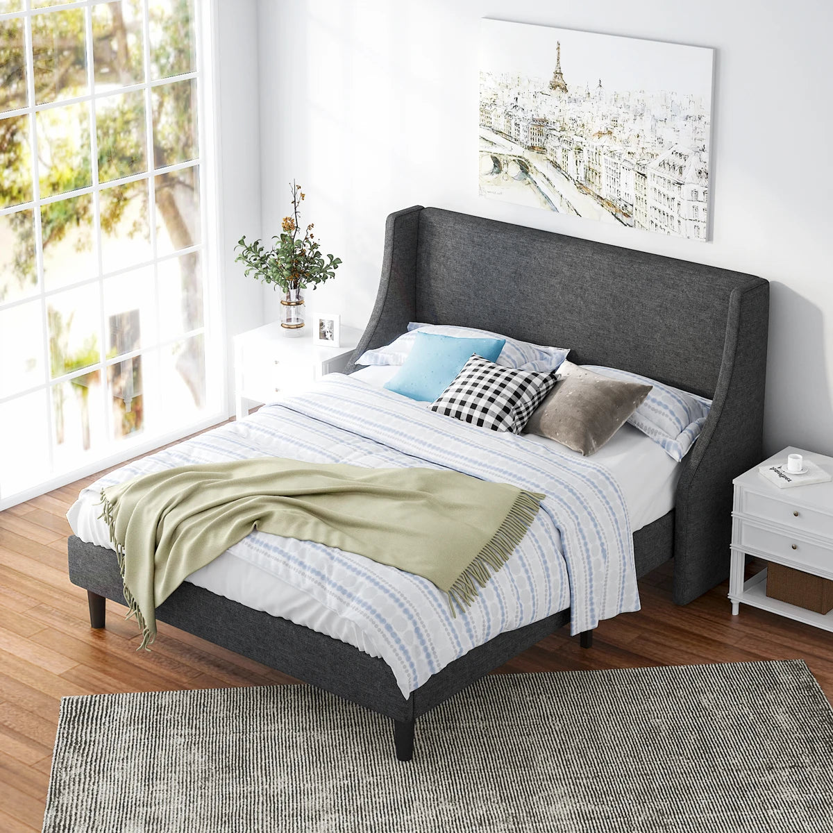 HOOMIC Fabric Upholstered Wingback Platform Bed with Headboard and Wood Slats