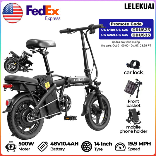Foldable 14 Inch Electric Bicycle 500W 48V 10Ah With Pedal Assist
