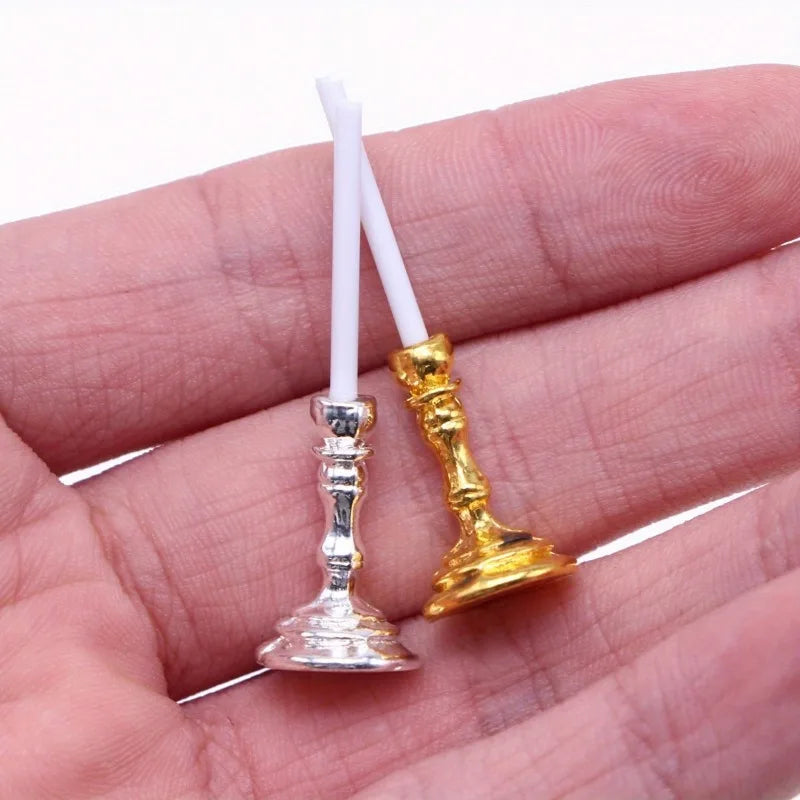 Set Of Miniature Golden Candle Holders For Dollhouse Decor