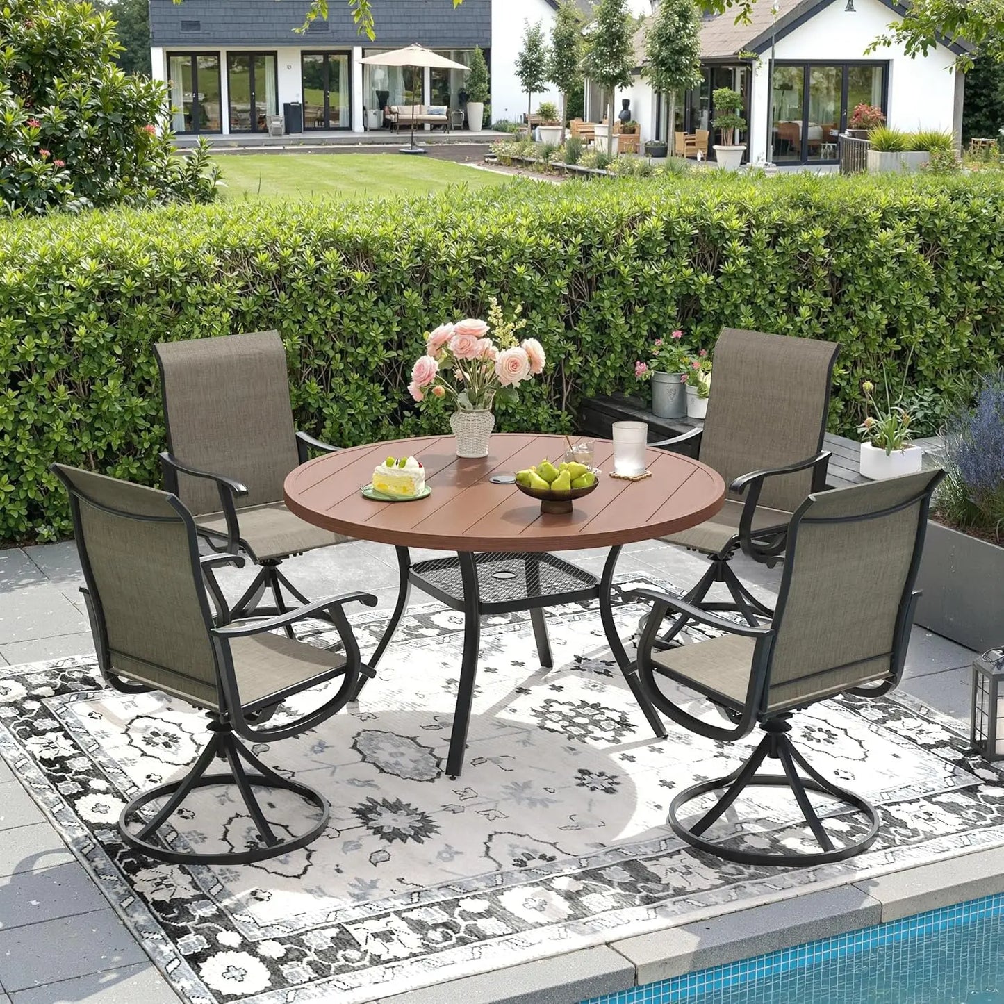 5 Piece Outdoor Dining Set With 4 Textilene Swivel Chairs And 40.6 Black Table