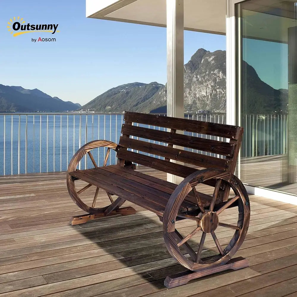 41 Inch Wooden Wagon Wheel Bench Rustic Outdoor Patio Weather Resistant 2 Person Slatted Seat With Backrest Carbonized Finish