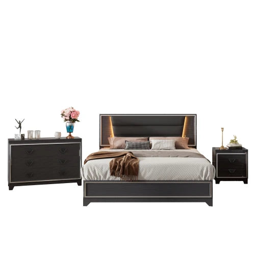 3 Piece Queen Size Upholstered Bed Set With LED Lights Nightstands And Dresser