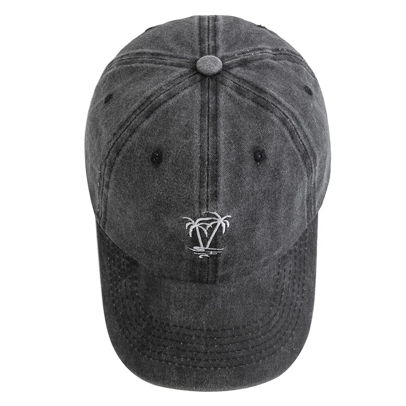Washed Cotton Cap With Coconut Tree Embroidery Unisex Vintage Baseball Hat