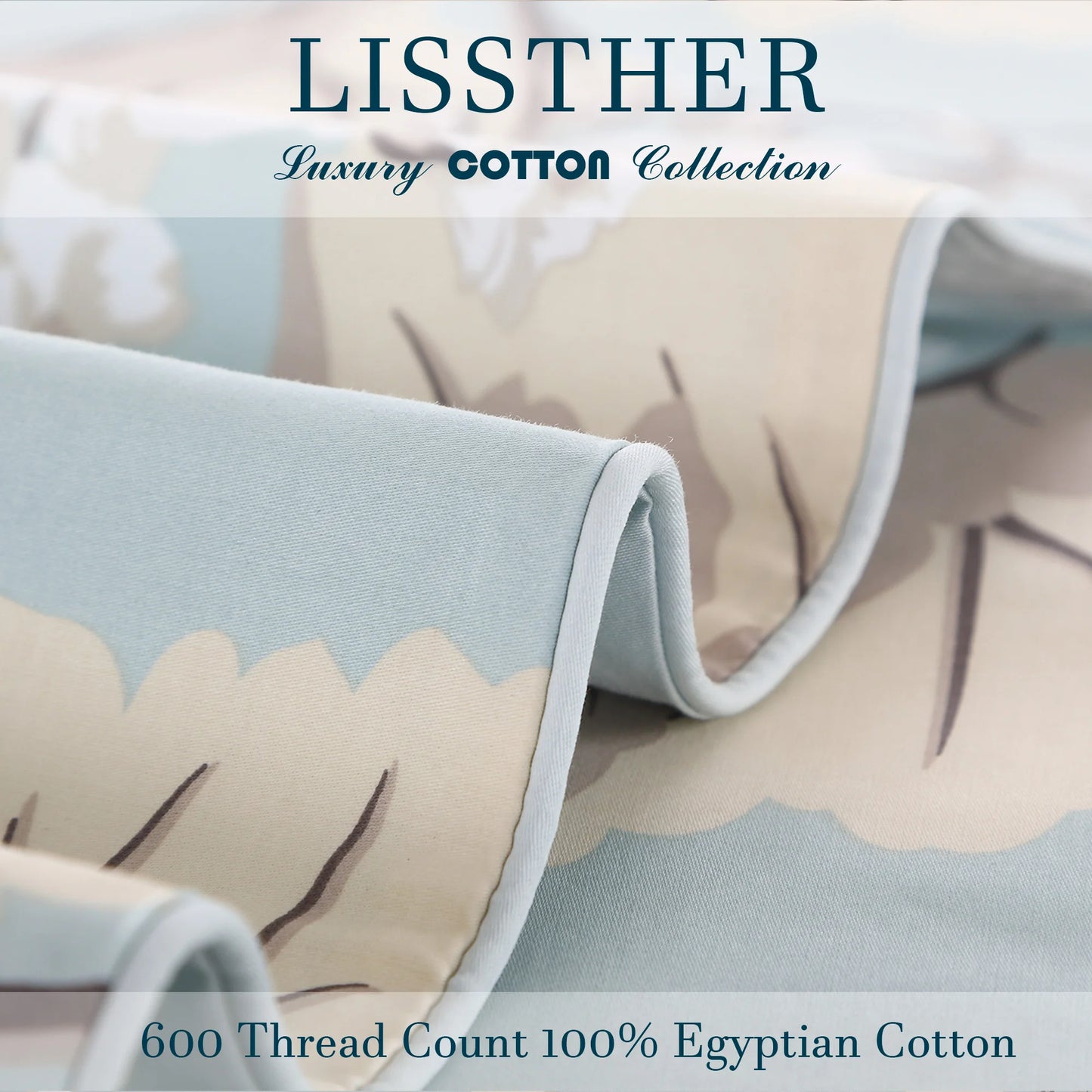 3Pc 600TC Egyptian Cotton Duvet Cover Set Blue Floral Leaves