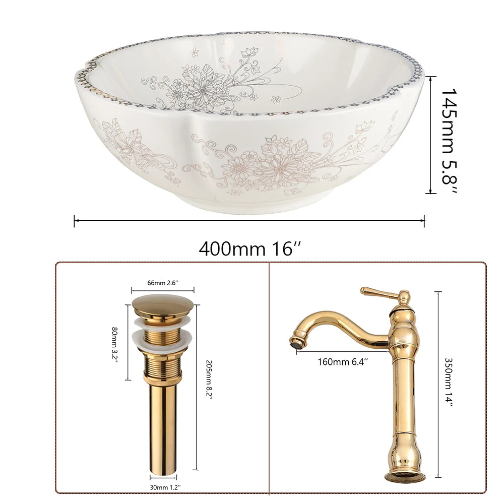 ZAPPO Ceramic Sink Above Counter Round Petal Pattern Faucet
