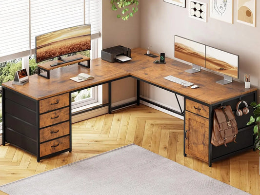 63 Inch L Shaped Corner Desk With 5 Drawers And Power Outlet For Home Office