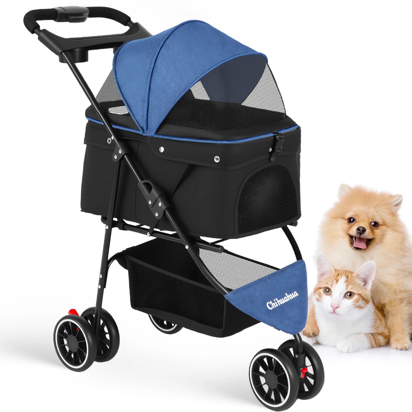Portable Foldable Pet Stroller For Small Dogs And Cats Carrier With Canopy