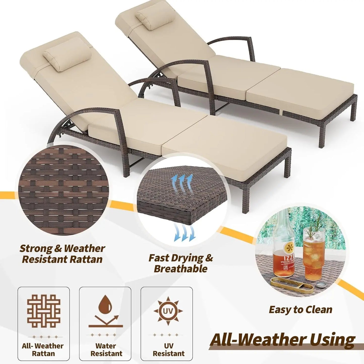 Outdoor Chaise Lounge Chairs Set Of 2 With Adjustable Backrest And Armrests