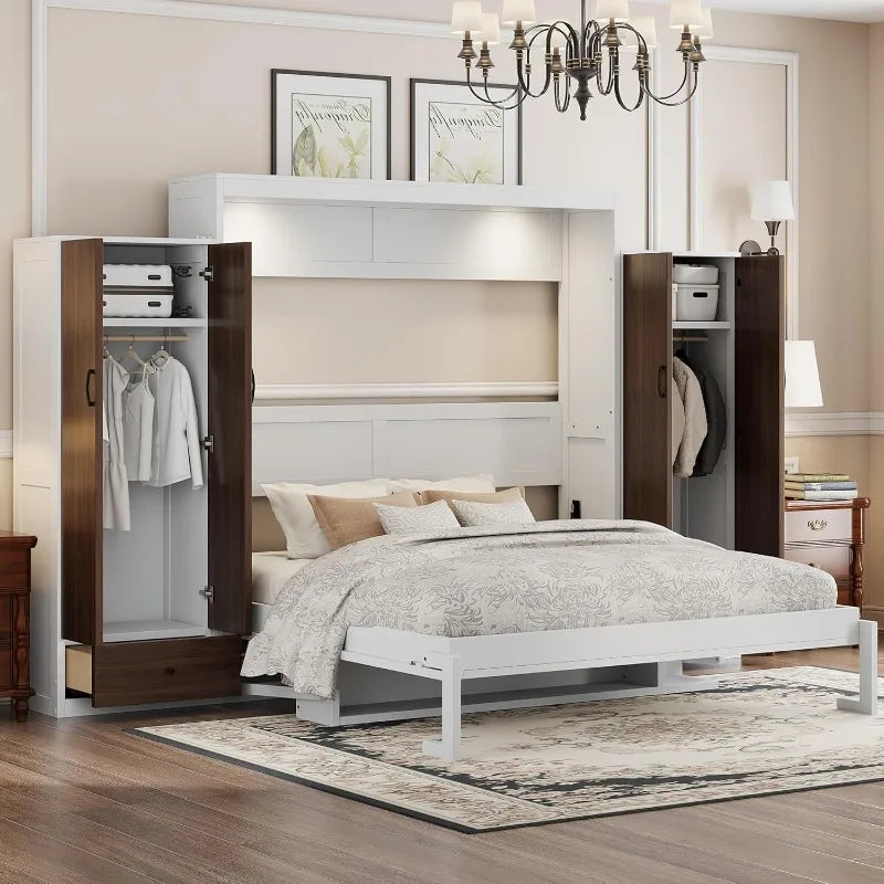 Queen Size Murphy Bed With Desk and Drawers and Closet in White