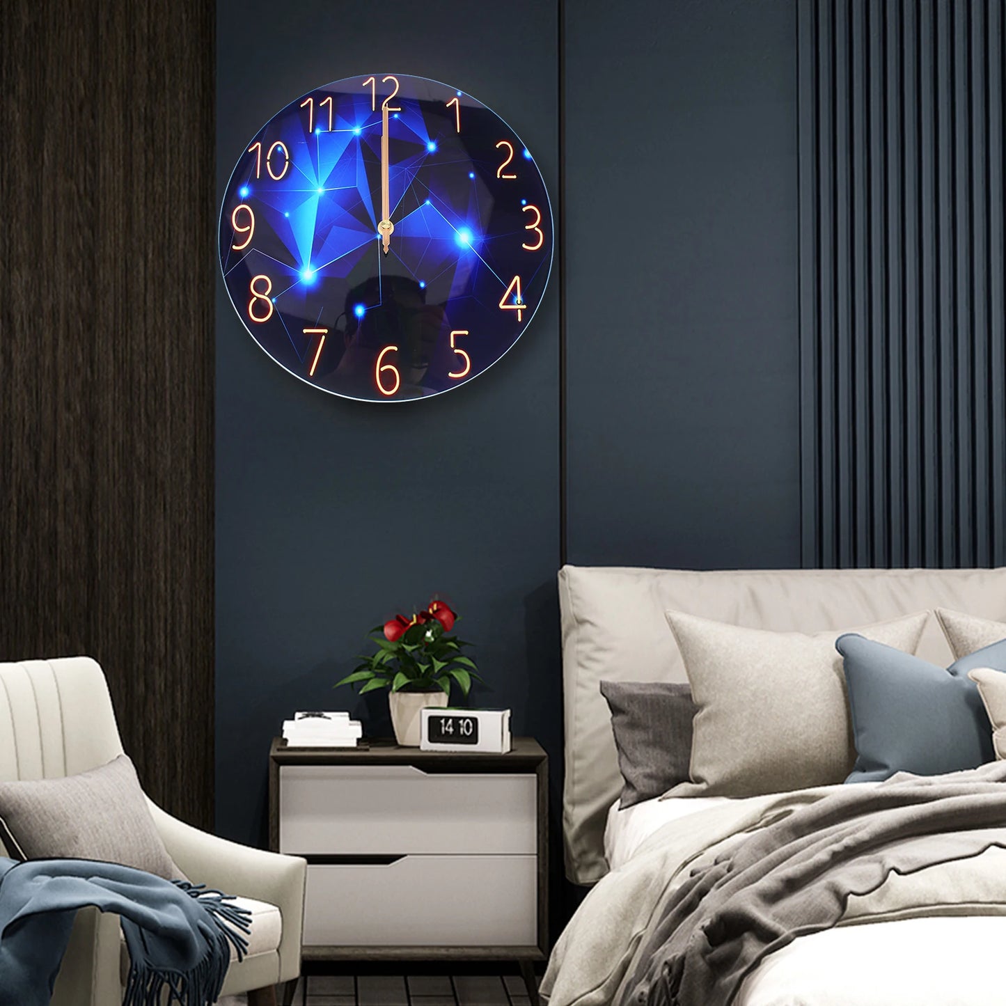 12 Inch Silent Blue Diamond Round Wall Clock Decorative Modern Style Interior Clock