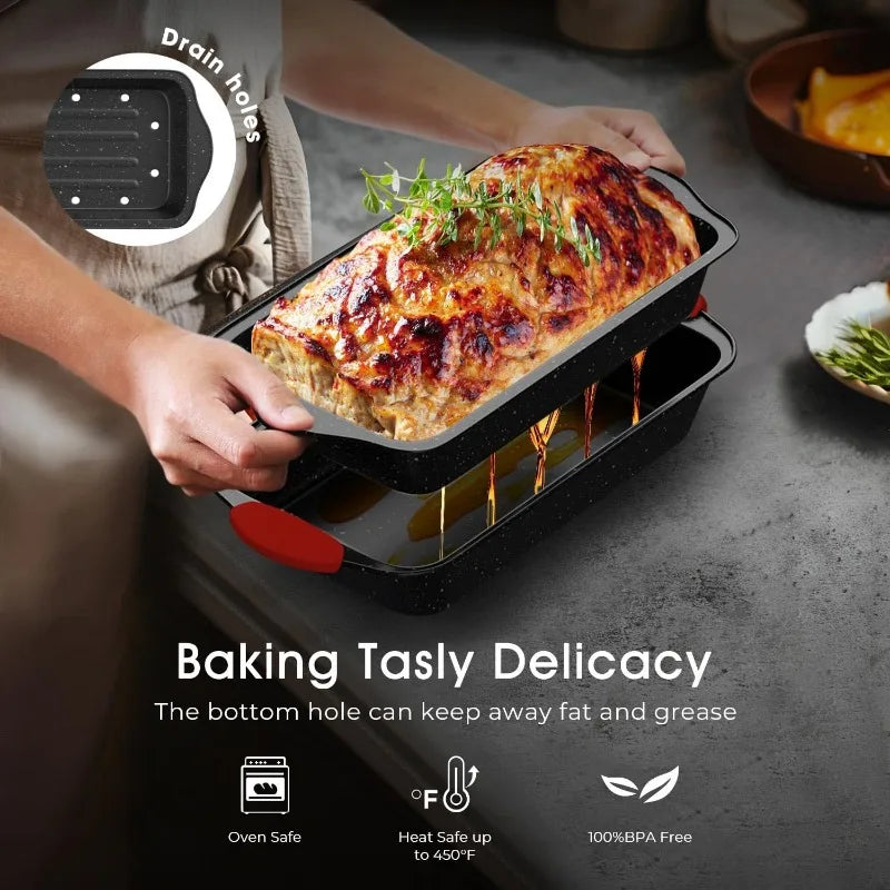 11 Piece Nonstick Baking Pans Set Stackable Bakeware Set Toxin Free Baking Set with Silicone Handles Includes Cookie Sheets Cake Pan Loaf Pan Pizza Pan Muffin Pan