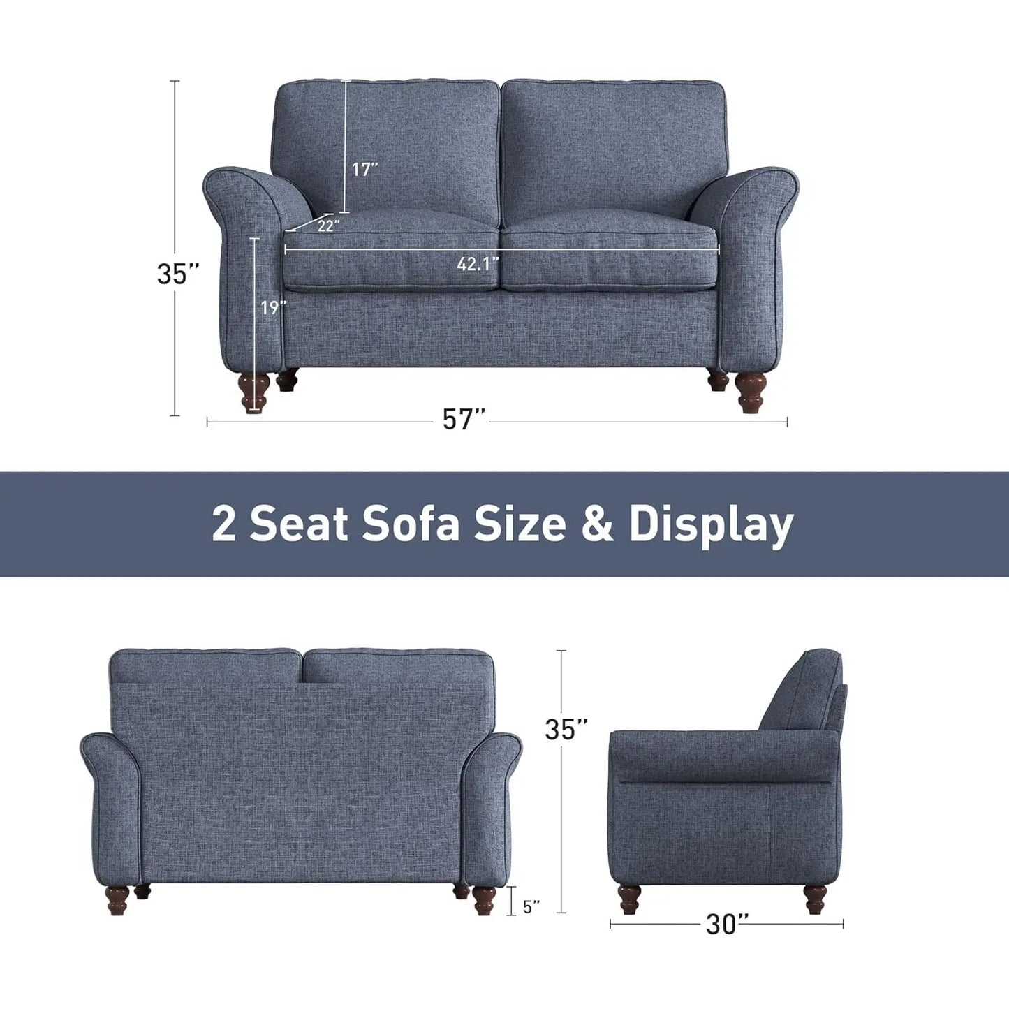 57 Inch Blue Loveseat Sofa 2 Seater For Living Room Office Apartment Customized