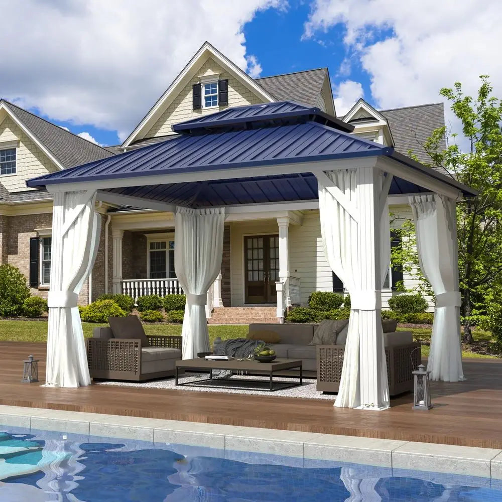 12 X 10 Outdoor Steel Pavilion With Double Roof Curtains And Netting Blue