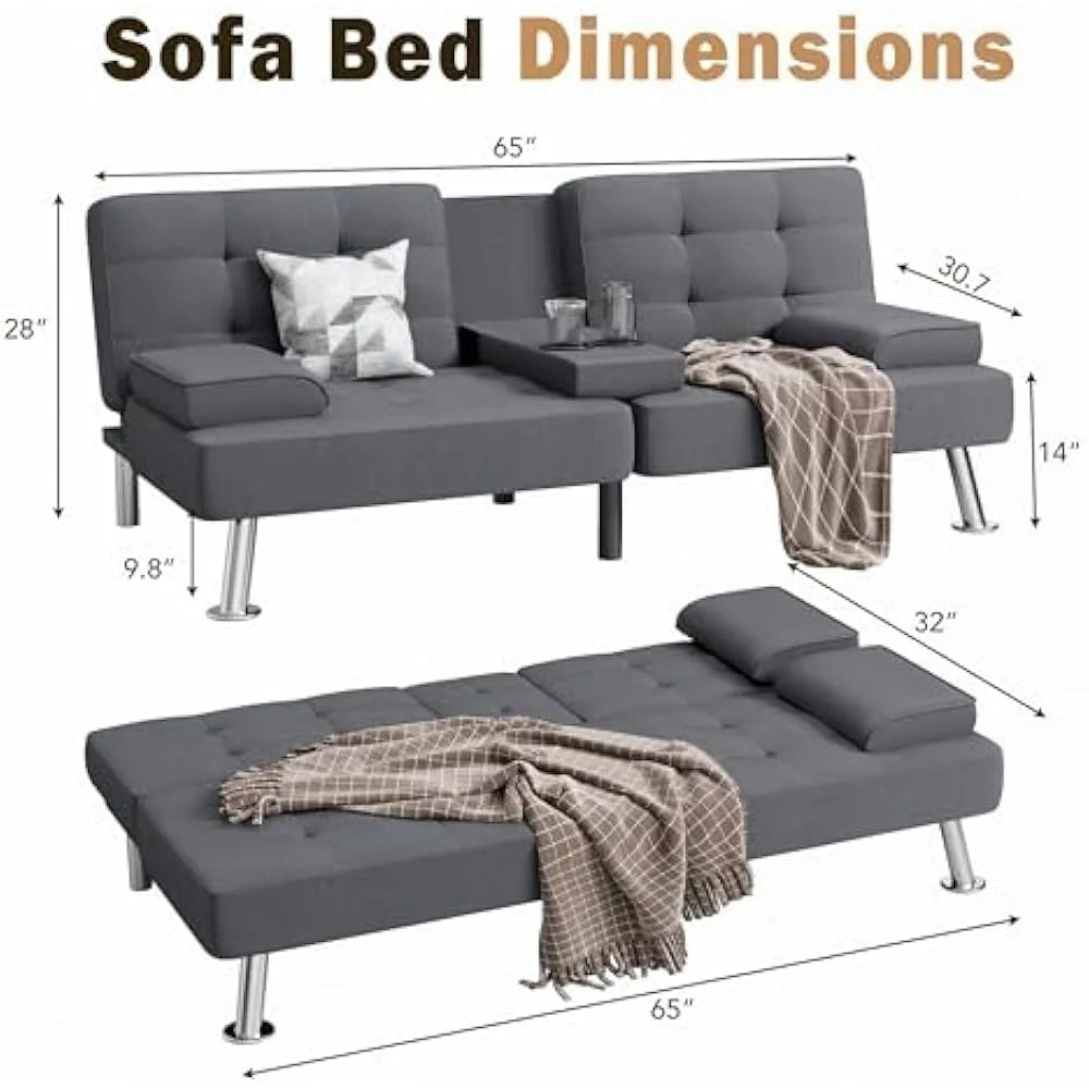 Convertible Sofa Bed With Removable Armrests Cupholders