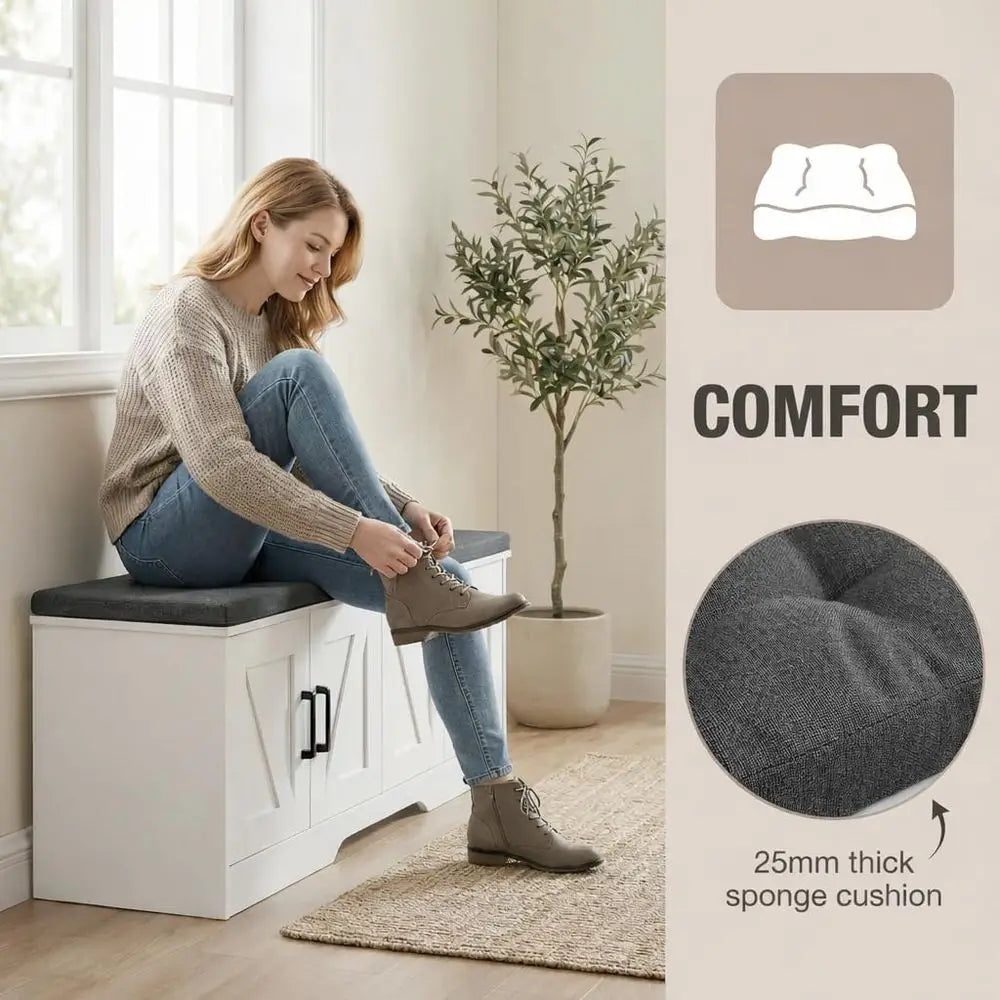 2-Tier Storage Bench With Padded Seat Cushion Entryway Barn Door Shelves