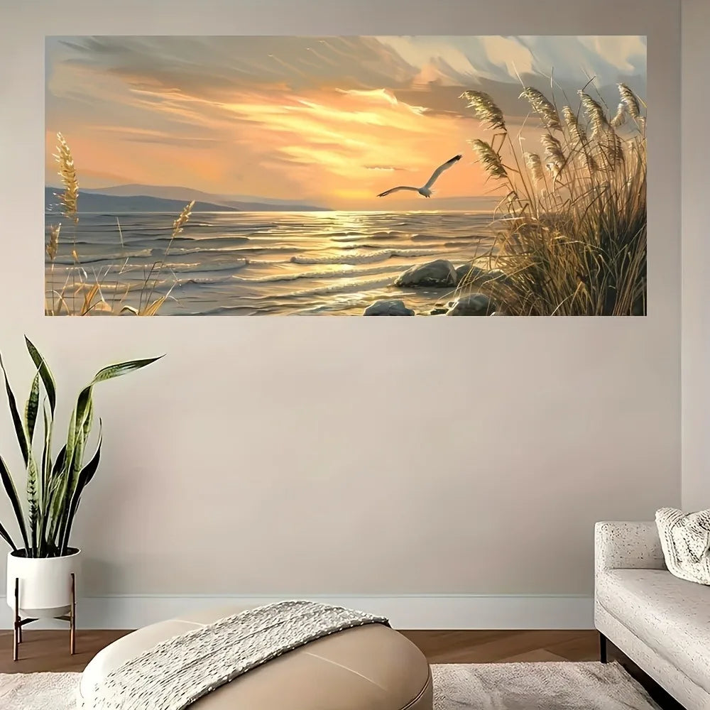 Sunset Beach Art Canvas Seascape Painting With 1.5 Inch Thick Pine Wood Frame