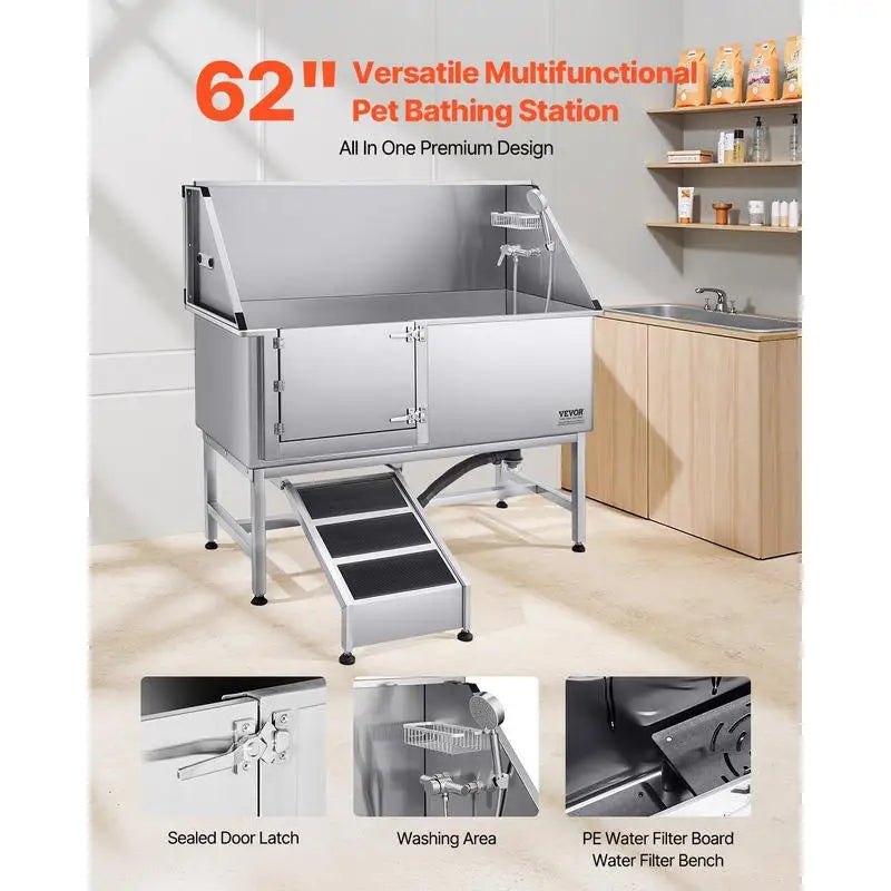 62 Inch Stainless Steel Dog Grooming Bath Tub With Ramp And Water Filter