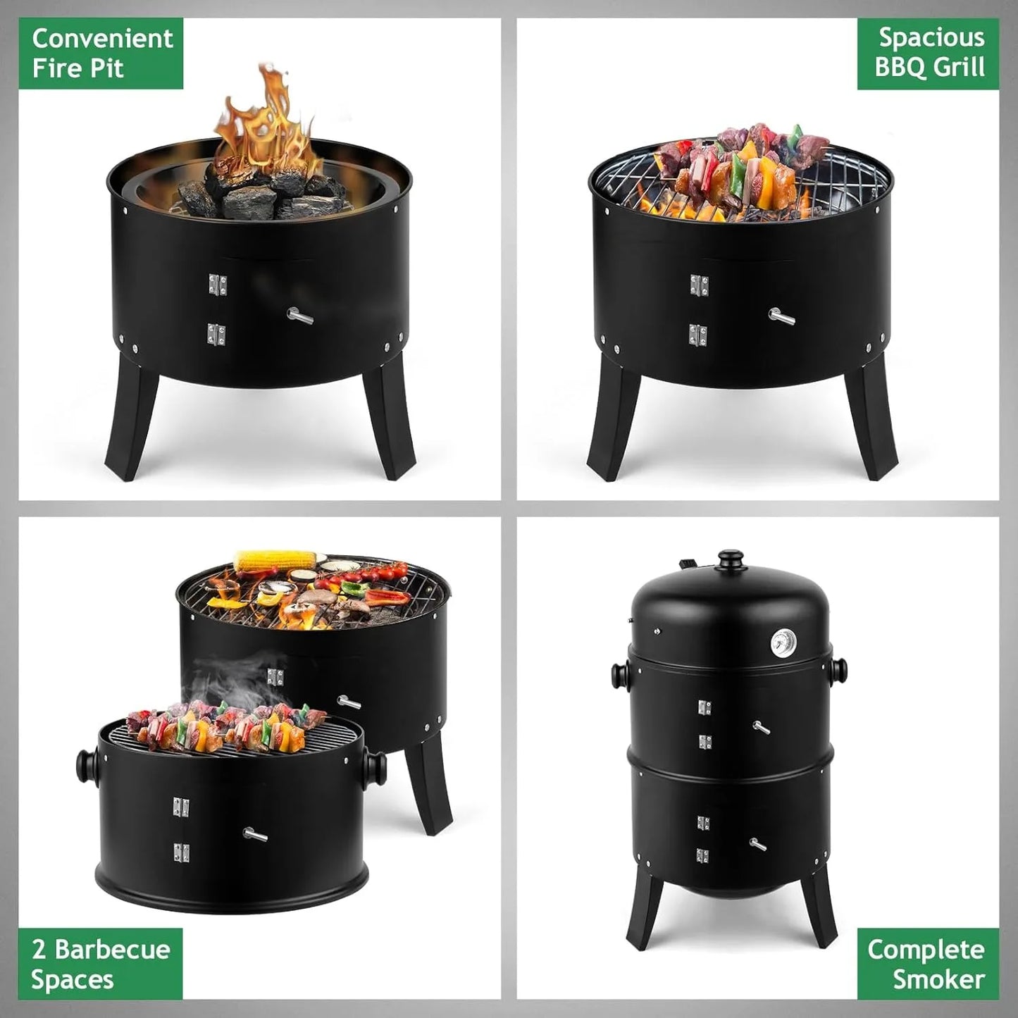 16 Inch Charcoal BBQ Smoker Grill 3 in 1 Portable Vertical Grill Cooker with Built in Thermometers and Adjustable Vent Systems